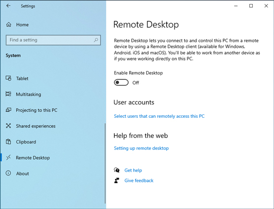 Enabling Remote Desktop in Windows 10.