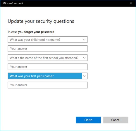 Windows 10 password reset questions