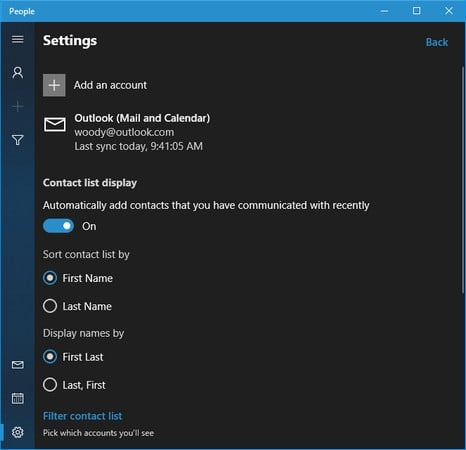 People settings Windows 10