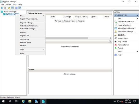 Hyper-V Manager host menu