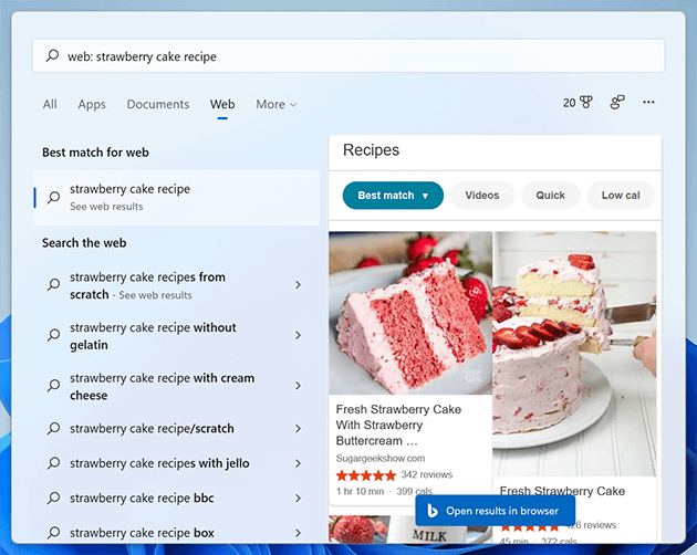 Windows 11 web search without browser