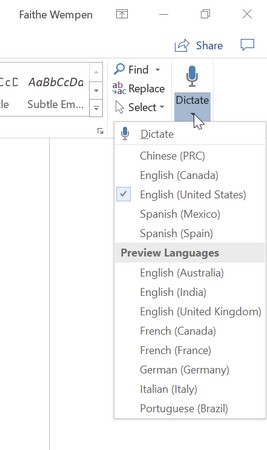 Word 2019 dictation language