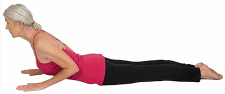 Lie on your belly with your thumbs near your armpits, fingers forward and head down.