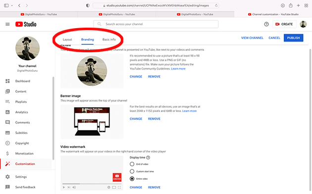 YouTube channel customization window