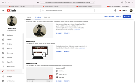 YouTube customization window