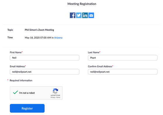 Zoom meeting registration form.