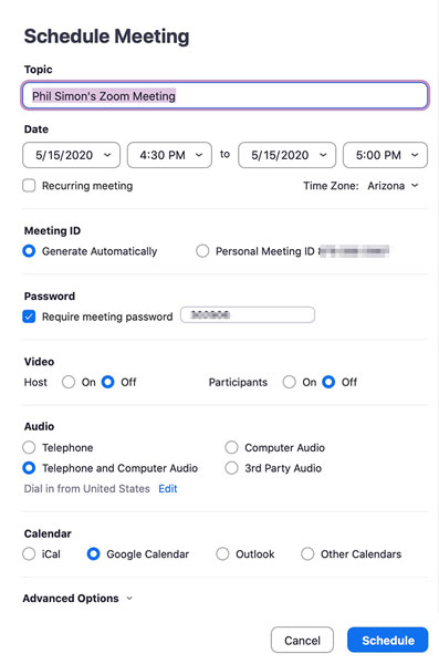 Scheduling a future Zoom meeting.